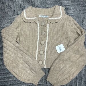 Altar'd State Tan Ribbed Button-Front Cardigan with Cream Trim
